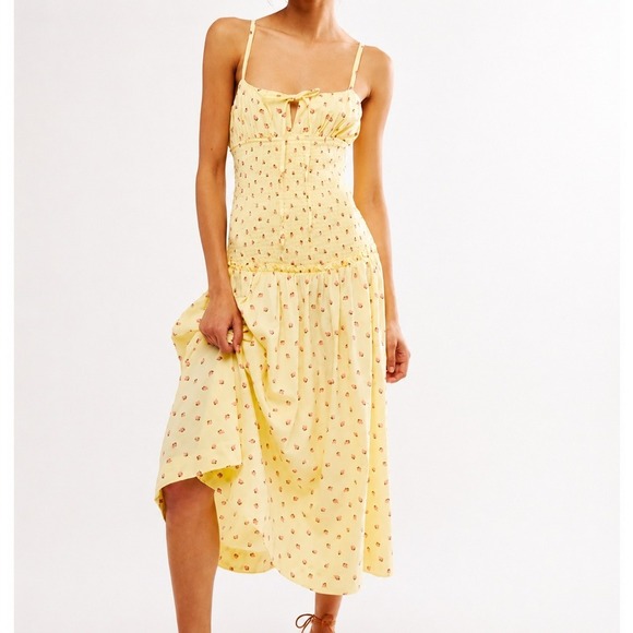 Free People Dresses & Skirts - Free People NEW Lavender Daze Strawberry Butter Yellow Smocked Midi Dress Small